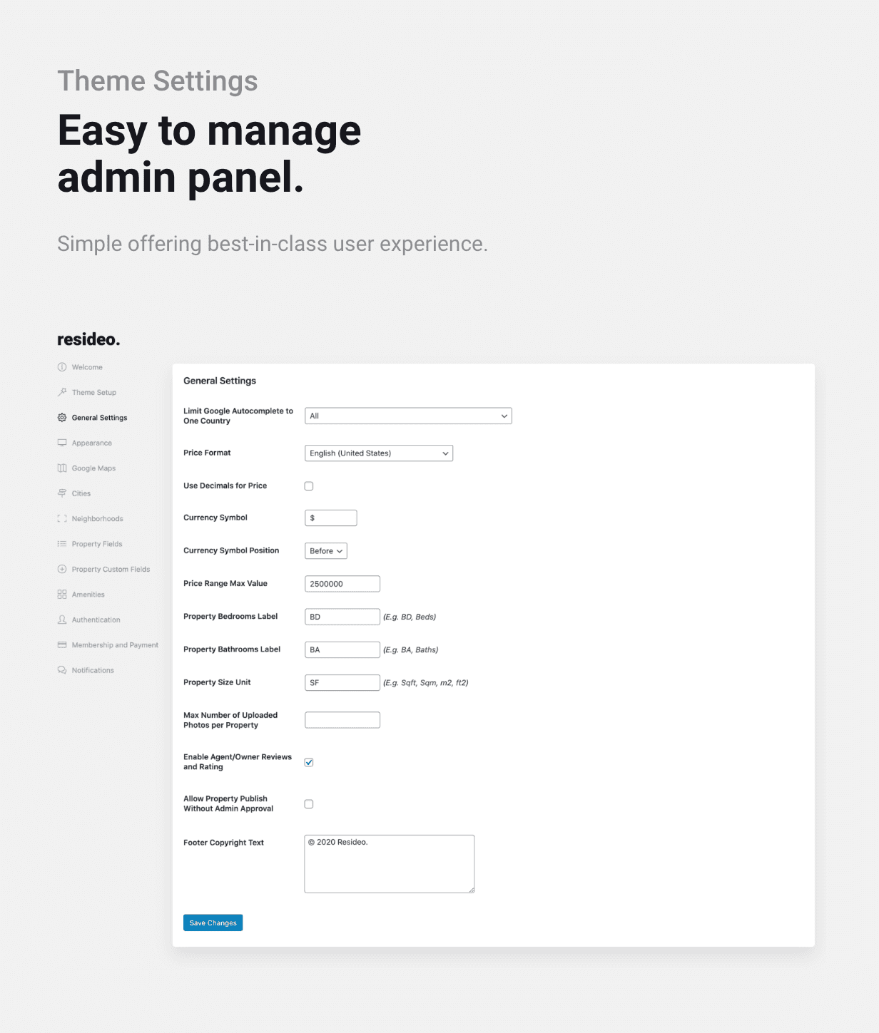 Resideo - Real Estate WordPress Theme - Admin Panel