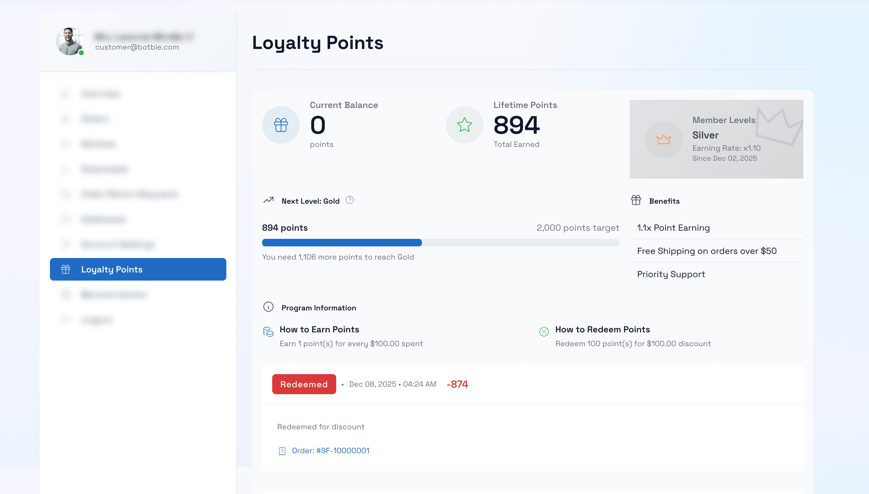 Loyalty Points in Customer Dashboard