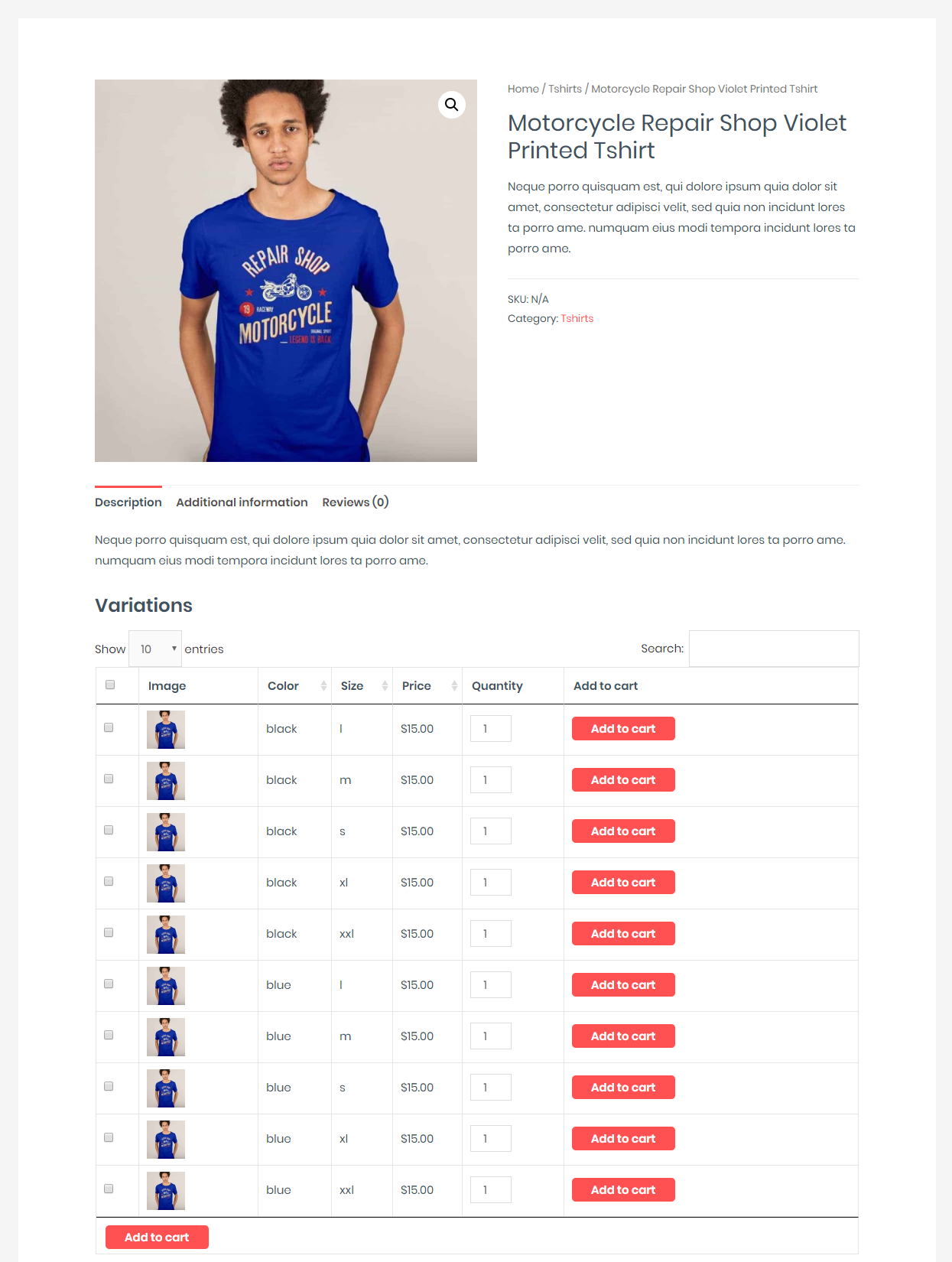 Woocommerce product variations in table customer screen