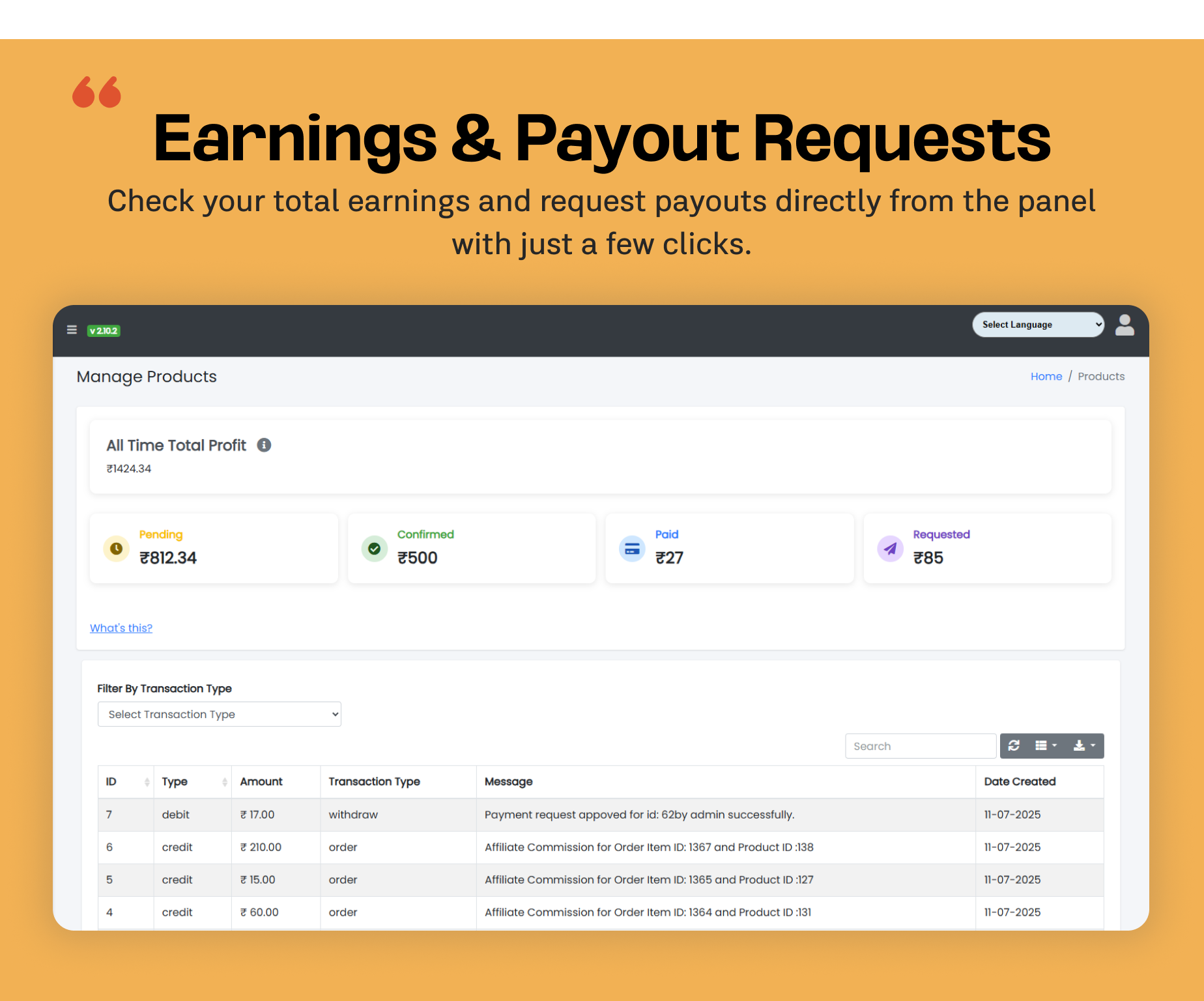 Earning & Payout Requests - eShop website for Multi vendor ecommerce marketplace / CMS
