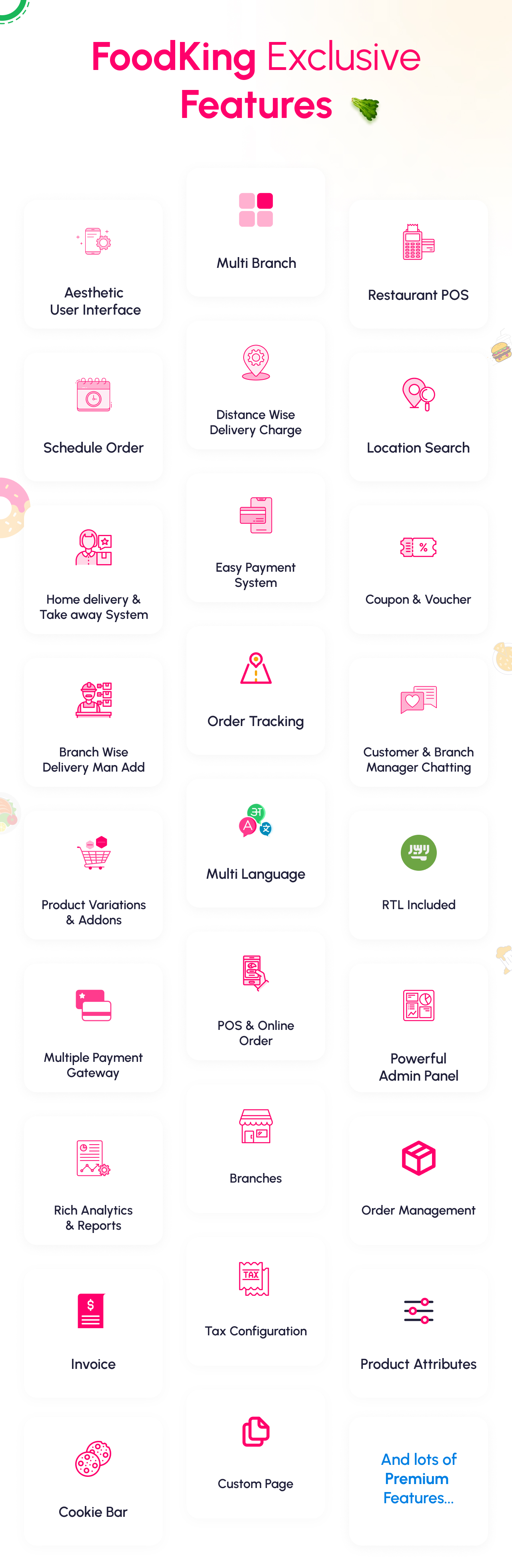 Foodking features are multi-branch, Pos, Distance wise delivery charge, location search, schedule order, aesthetic user interface, home delivery, and takeaway, coupon, and voucher, easy payment system, order tracking, chat, branch wise user manage, manage product variation and addons, multi-language, multiple payment gateways, advanced reporting system, spa, single page