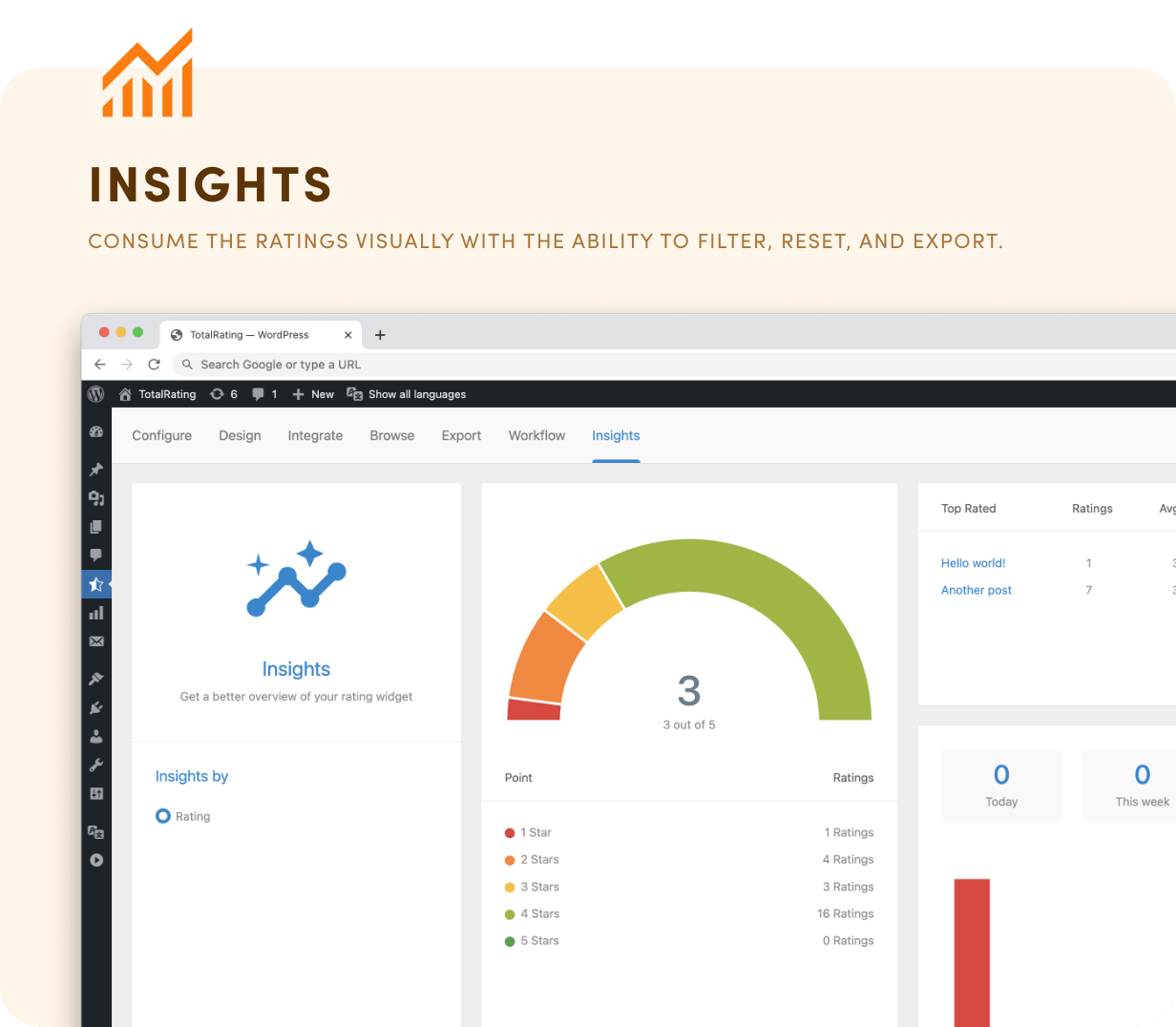 Insights - Consume the ratings visually with the ability to filter, reset, and export.