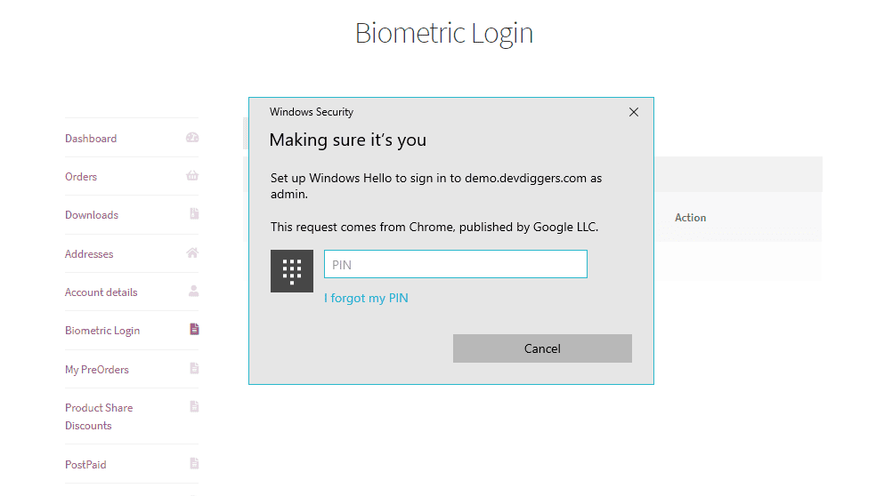 WooCommerce Biometric Login add biometric detail