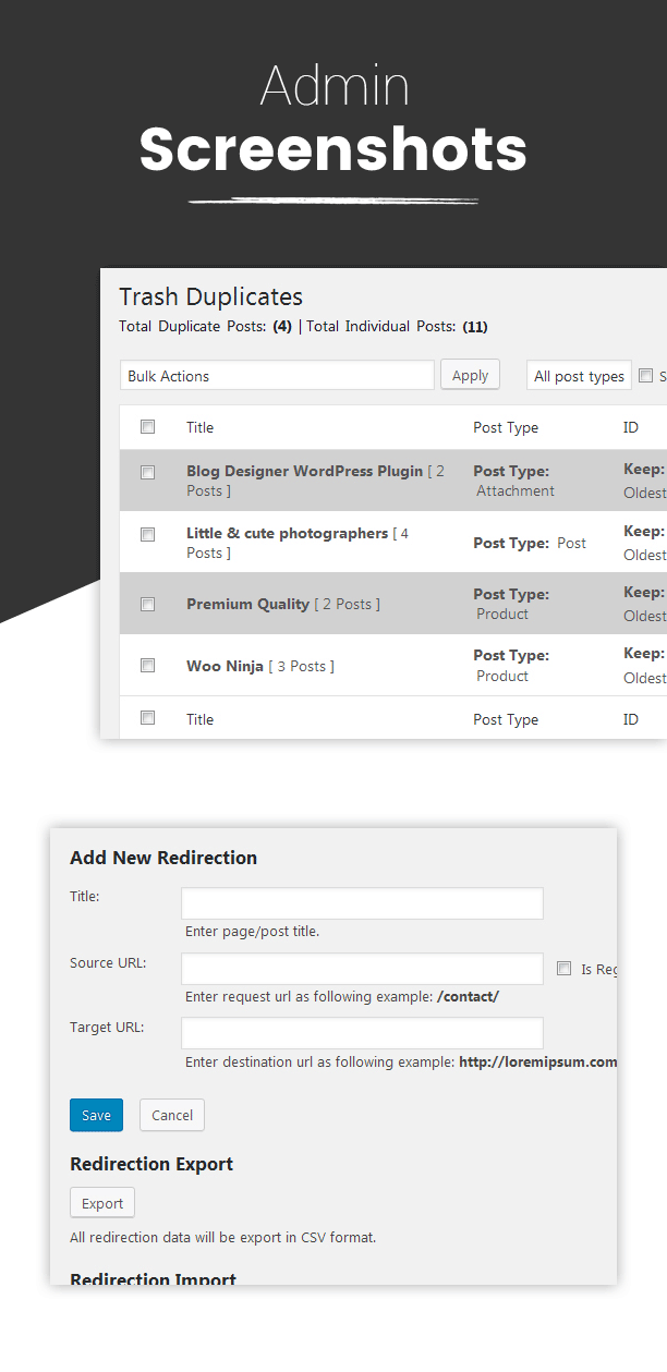 Trash duplicate and 301 redirect - admin screens