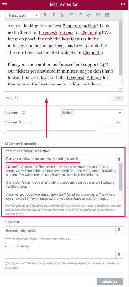 Prompt de reescrita do AI Assistant Elementor para editor de texto