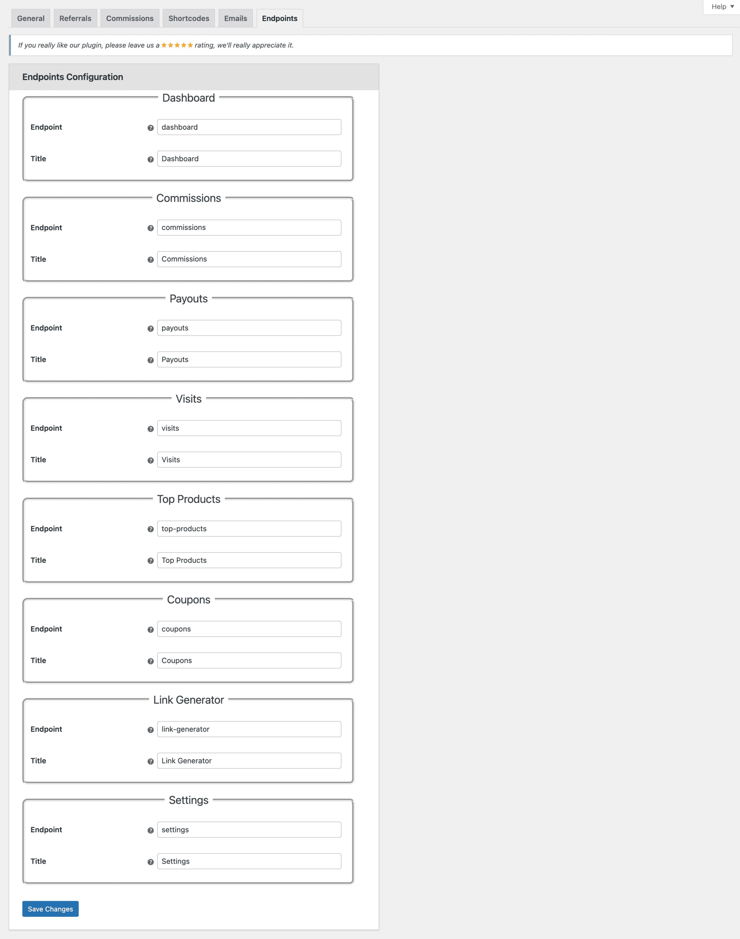 WooCommerce Affiliates Endpoints Configuration Page