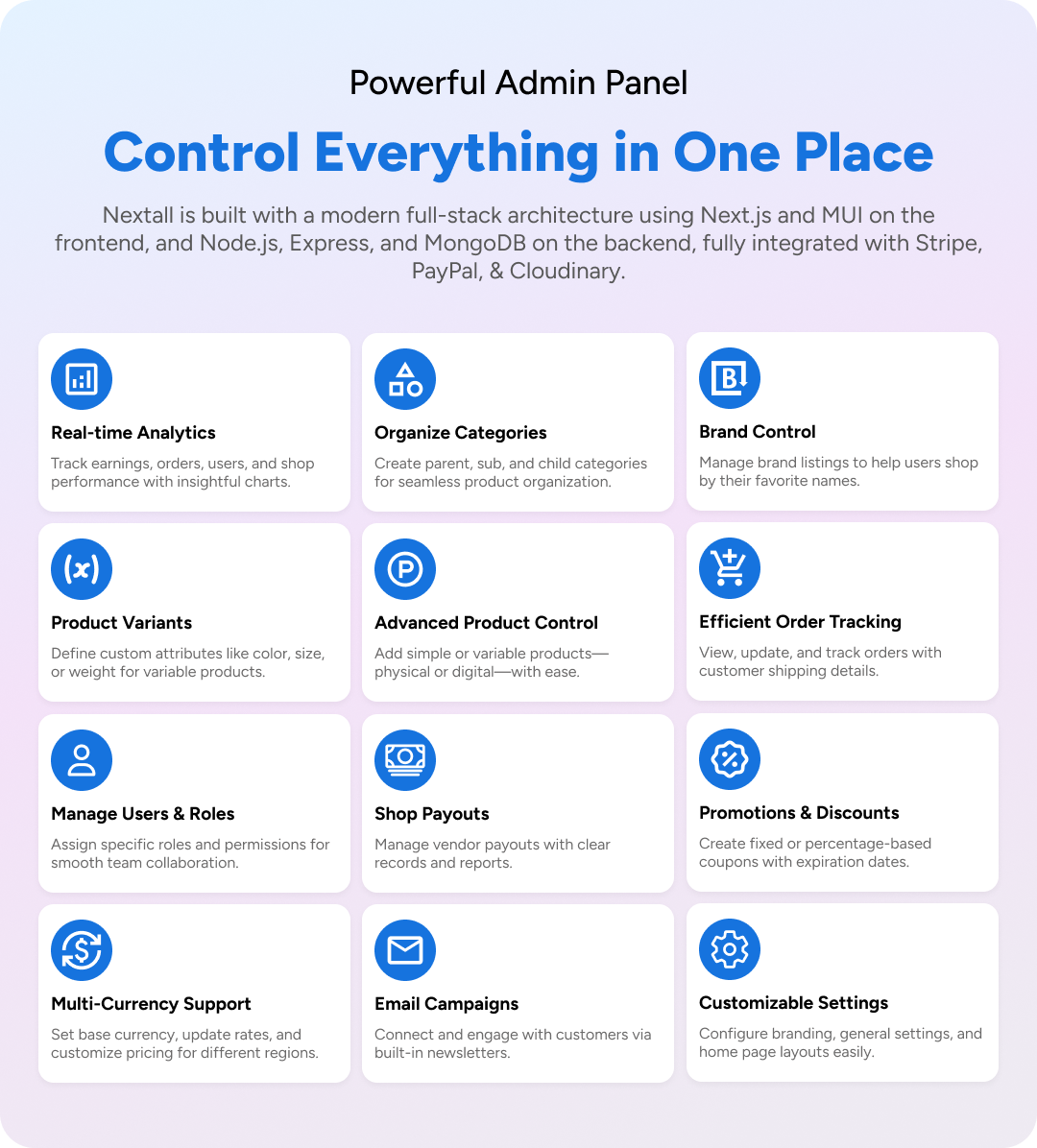 nextall admin features ecommerce multivendor