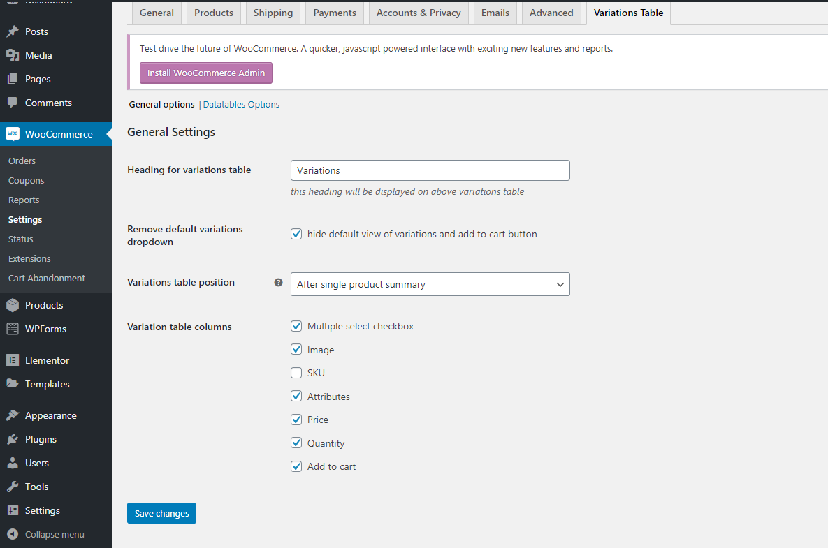 Woocommerce product variations in table admin screen 1