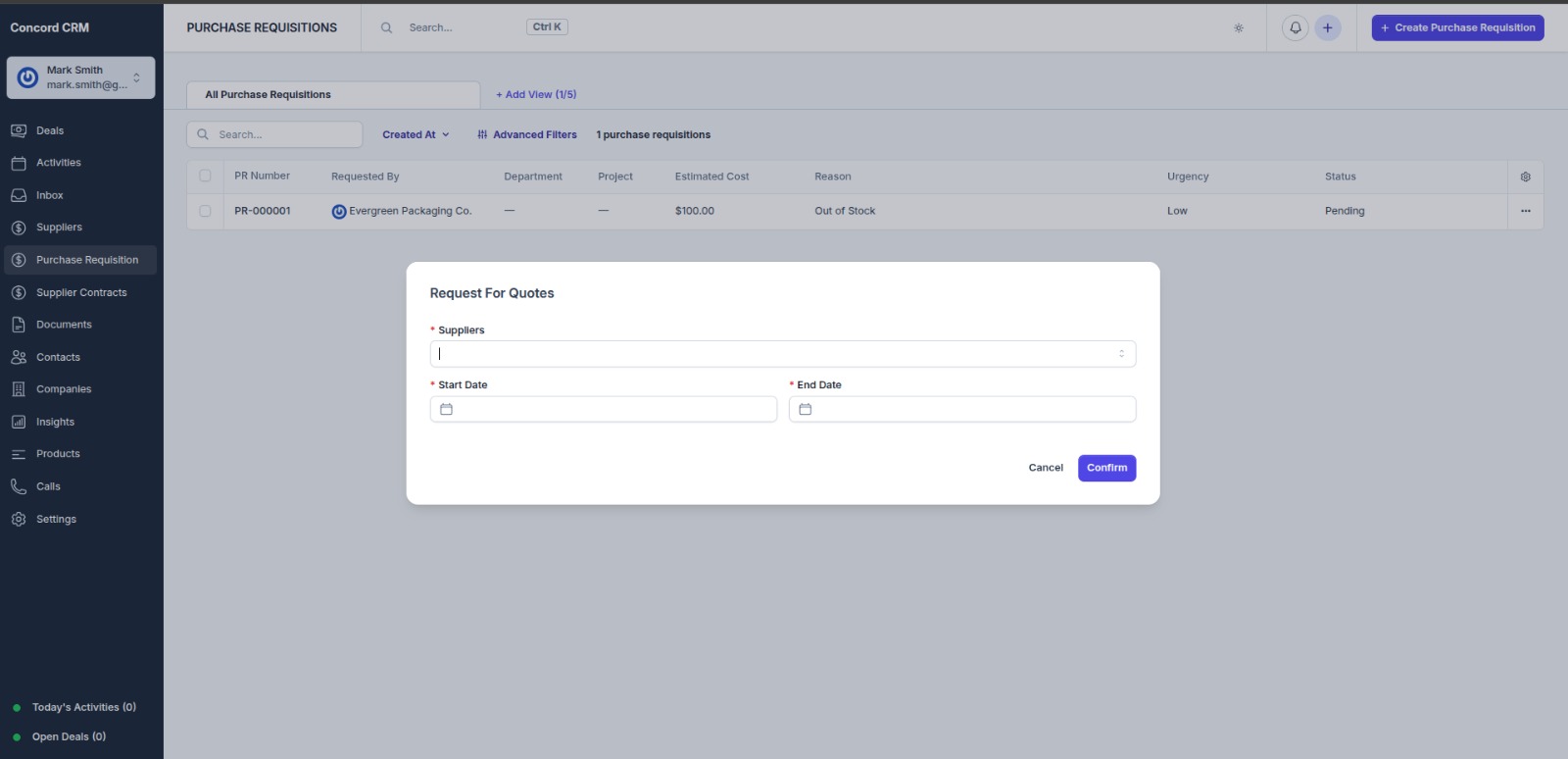 Concord CRM Purchase Workflow