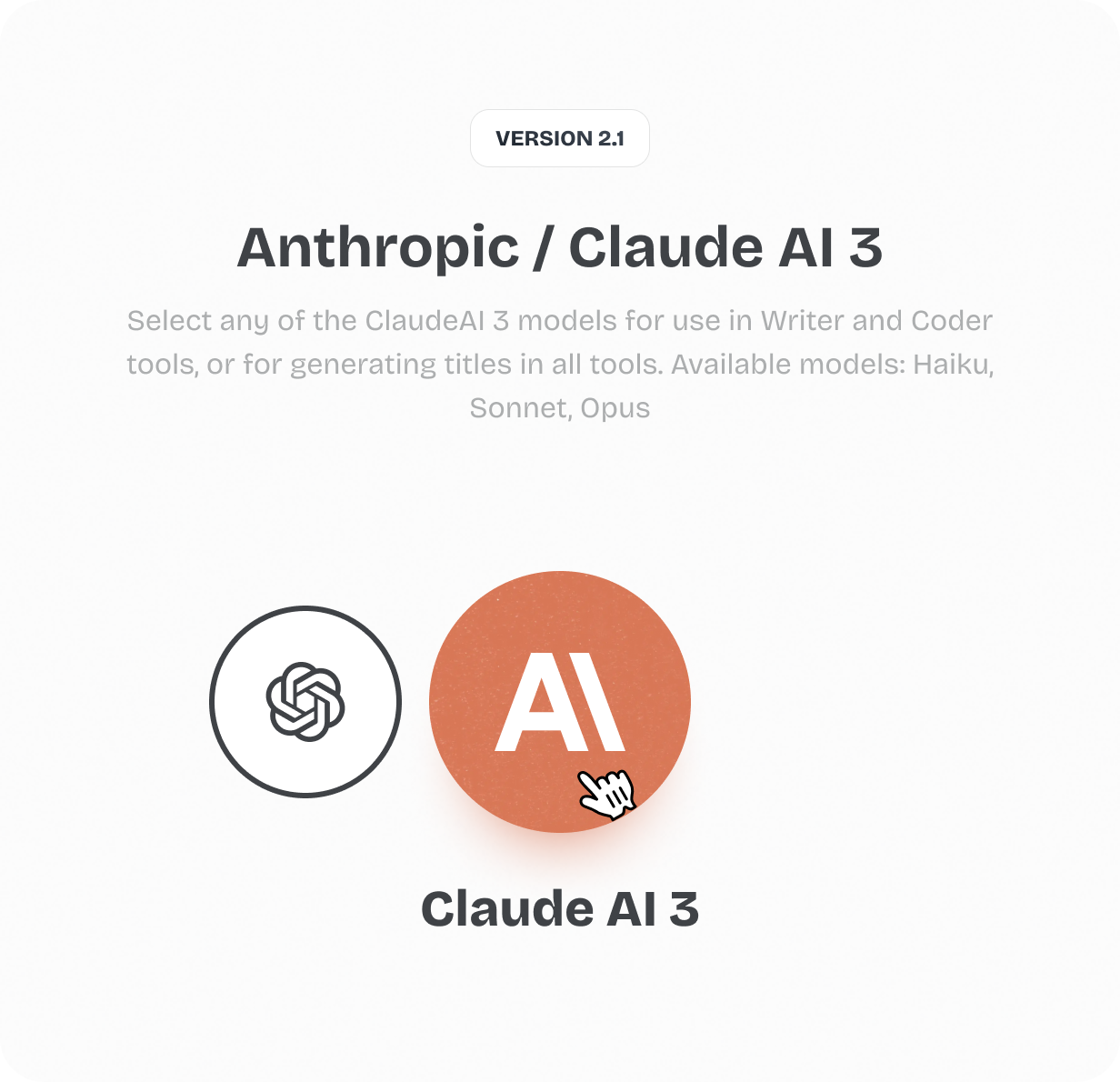 Select any of the ClaudeAI 3 models for use in Writer and Coder tools, or for generating titles in all tools. Available models: Haiku, Sonnet, Opus @heyaikeedo #aikeedo