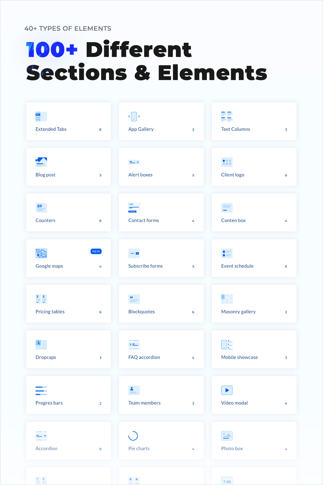 40+ Types of elements and 100+ Different Sections & Elements