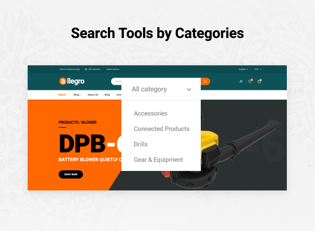 Allegro Equipment Elementor WordPress Theme Search by Categories
