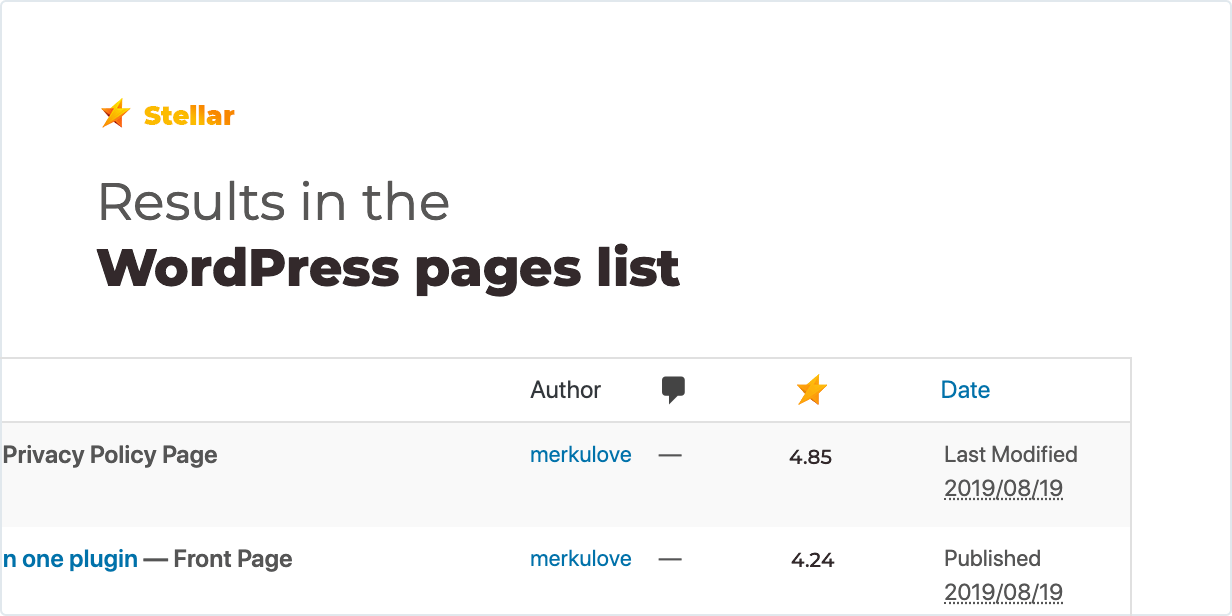 Results in the WordPress pages list