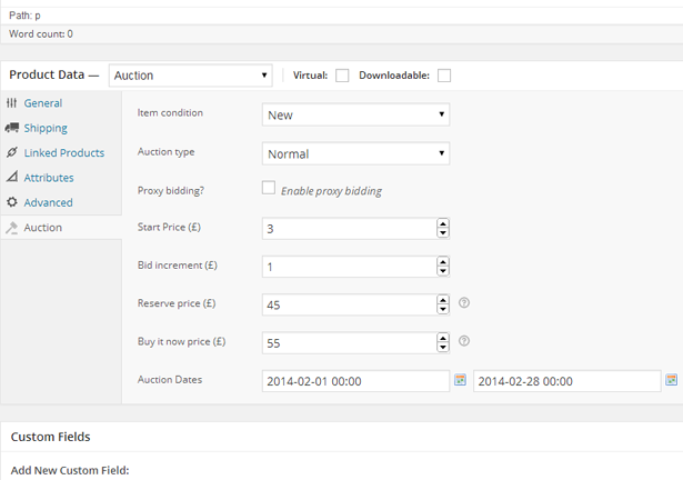 Auction tab in product data