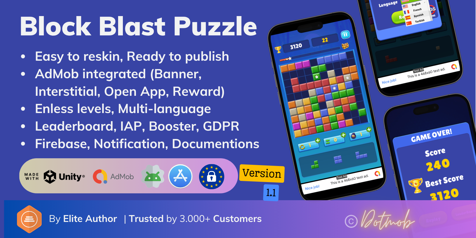 Block Puzzle Pro - Leaderboards & Admob Ready Unity Template