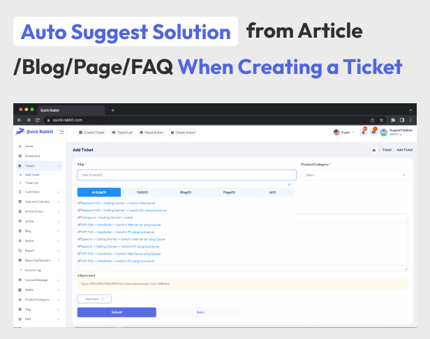 Quick Rabbit – AI-Powered Support Ticketing System with Knowledgebase & Live Chat Interface