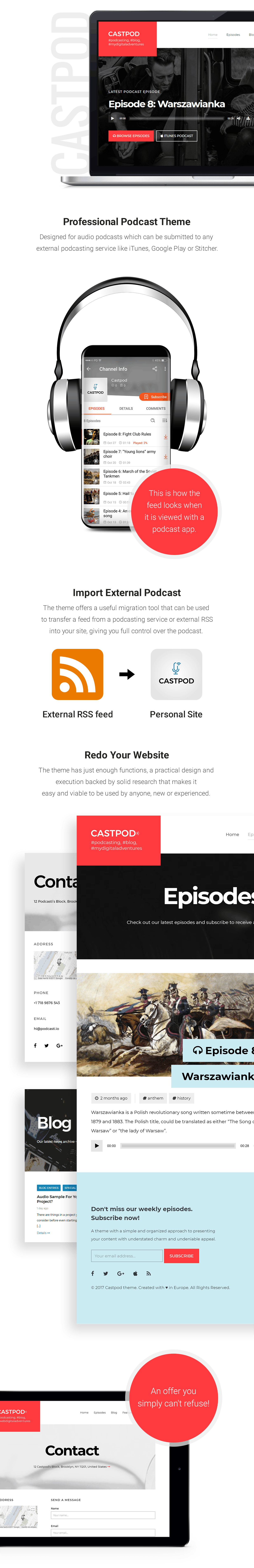 Castpod is a professional WordPress theme designed for audio podcasts, which can be submitted on any external podcasting service like iTunes, Google Play or Stitcher.