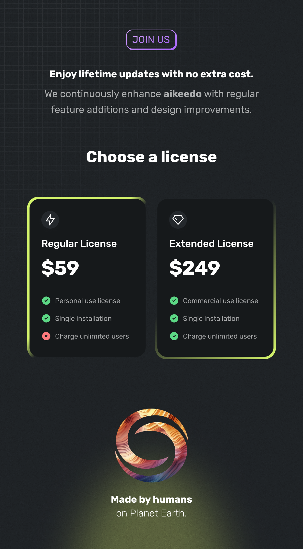 Choose a license - Join us - Enjoy lifetime updates aikeedo @heyaikeedo