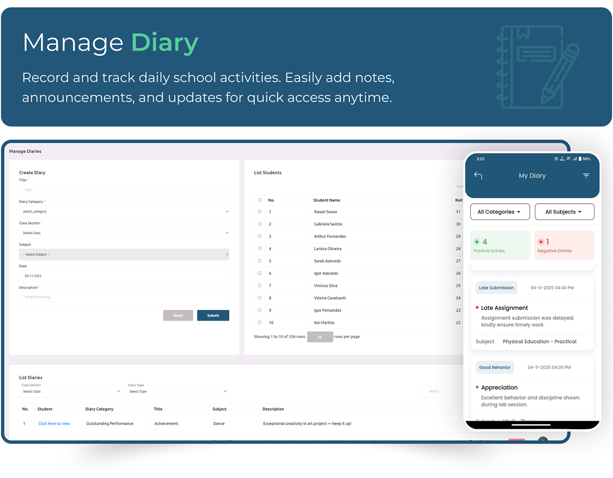 Manage diary - eSchool saas - Multi-school management system