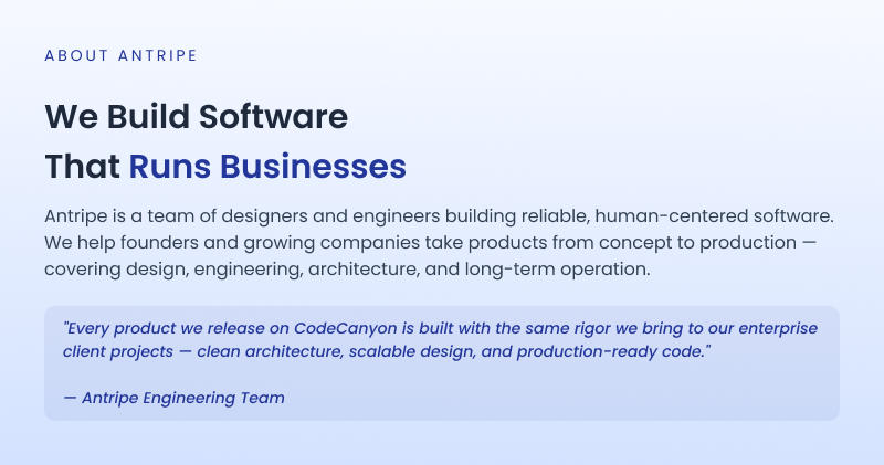 About Antripe, a team of designers and engineers building reliable, human-centered software from concept to production.
