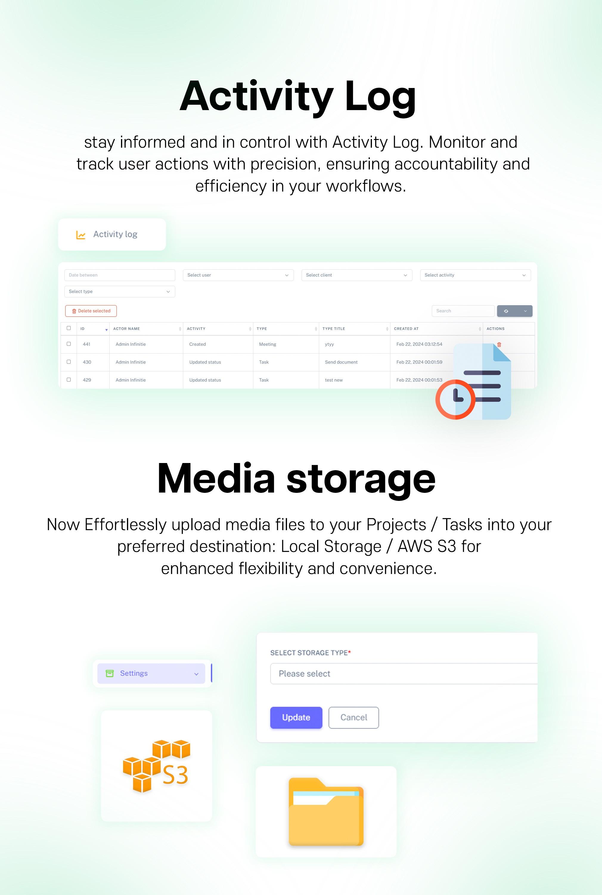 Activity logs & Media Storage | Taskify - Project Management, Task Management, CRM & Productivity System