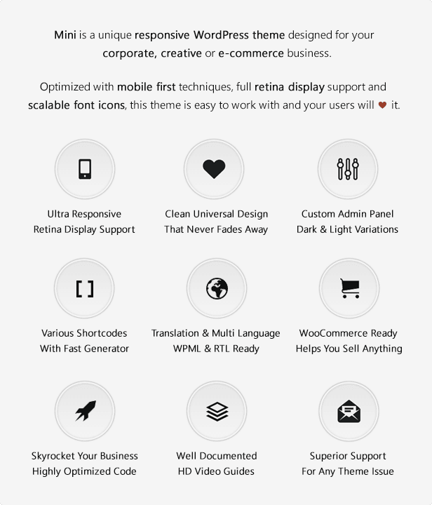 Mini is a unique responsive WordPress theme designed for your corporate, creative or e-commerce business.