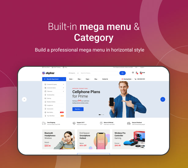 Built-in mega menu & Category