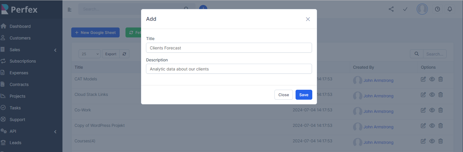 Google Sheets module for Perfex CRM - Two-way Spreadsheets Synchronization - 6