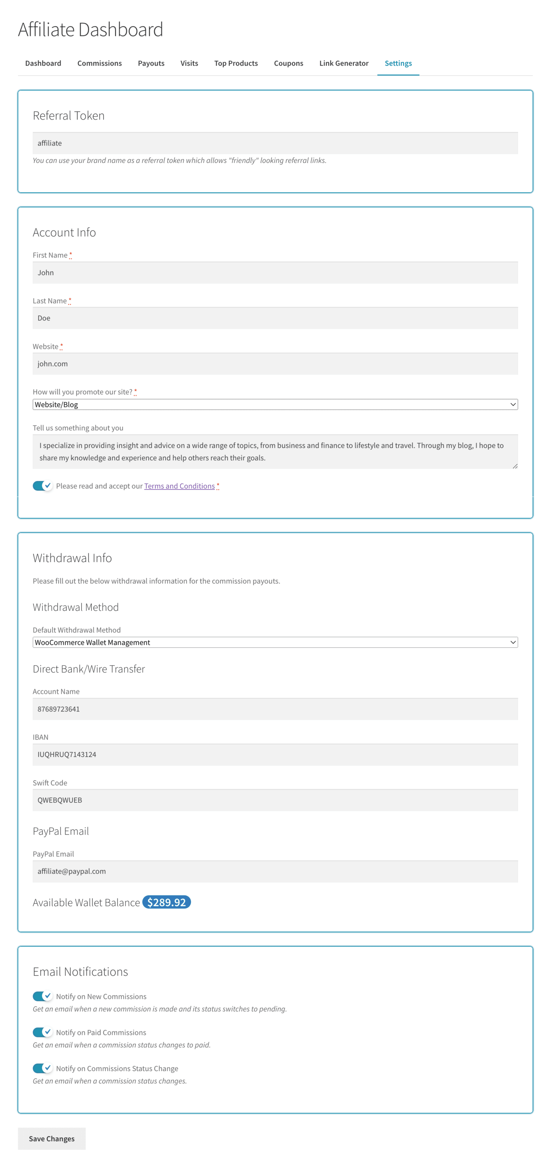 WooCommerce Affiliates Settings Section