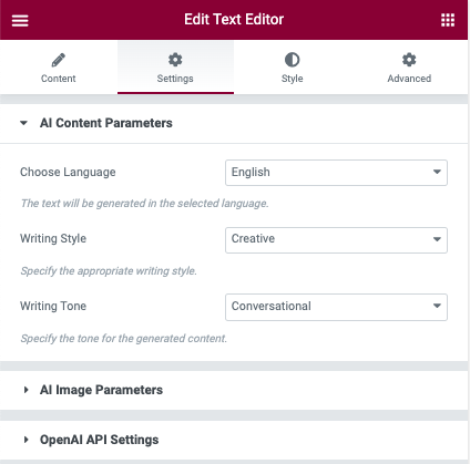 AI Assistant Elementor Content Parameters