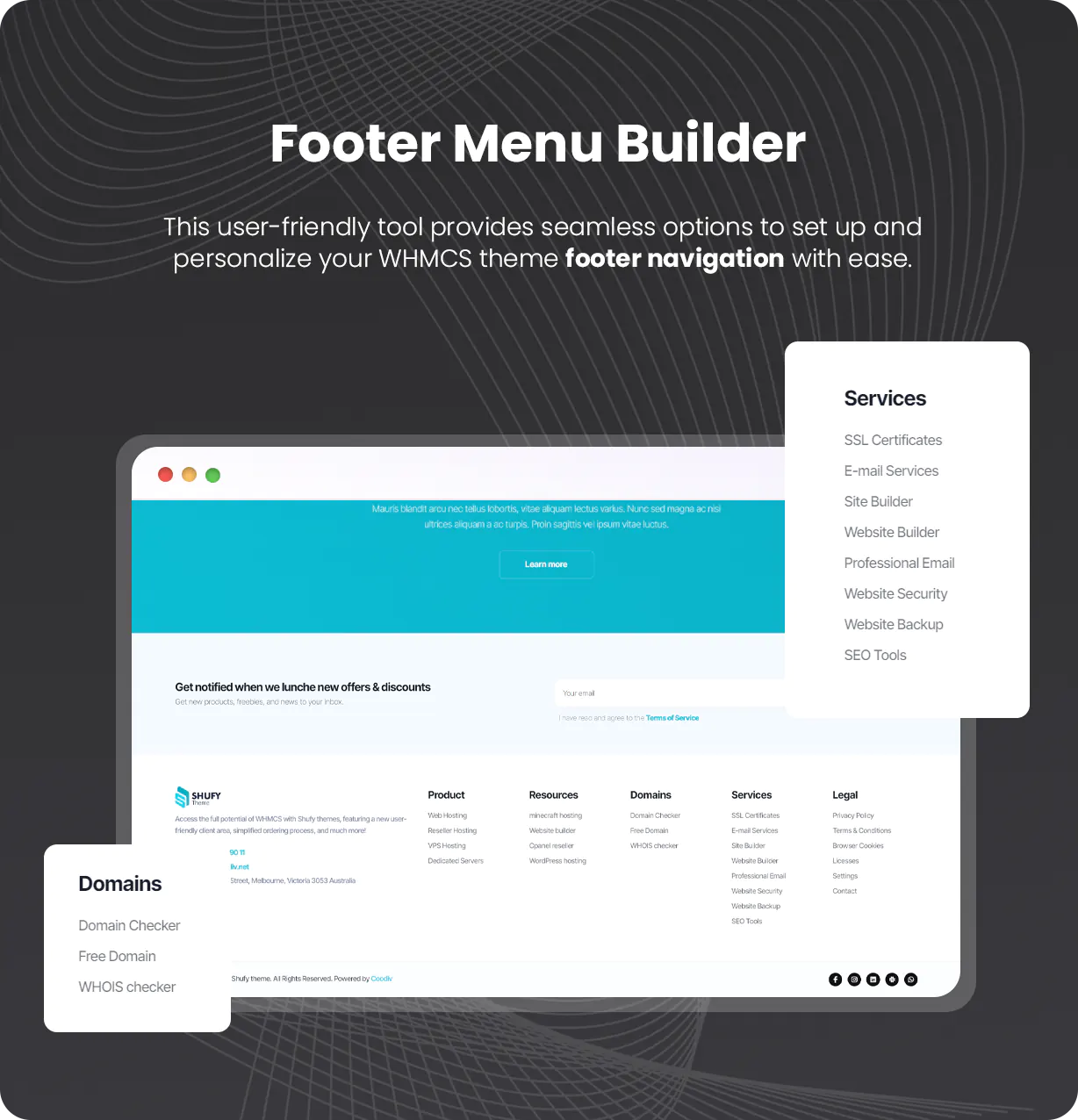 shufytheme whmcs theme footer menu builder