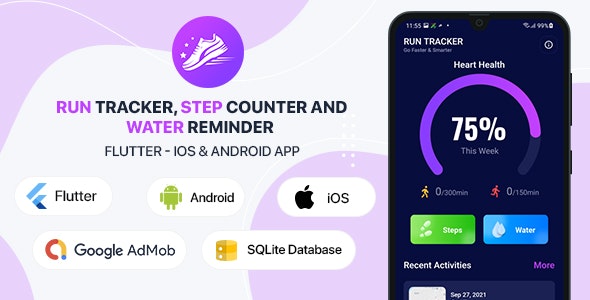 Run Tracker, Step Counter and Water Reminder - Flutter Android & iOS App (20 Languages)