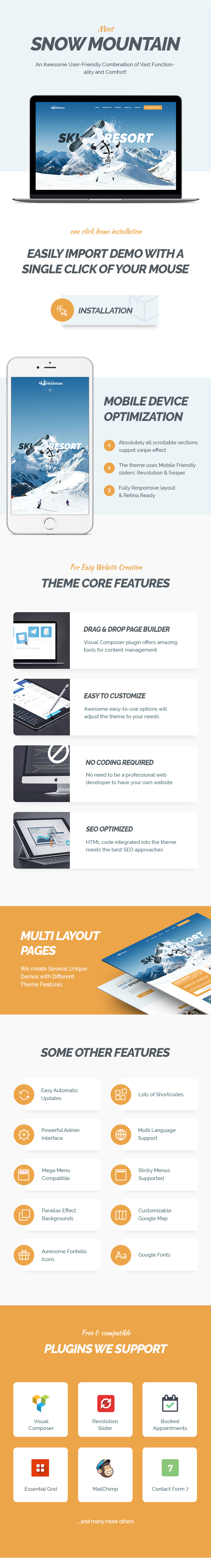 Snow Mountain and Ski Resort & Snowboard School WordPress Theme features