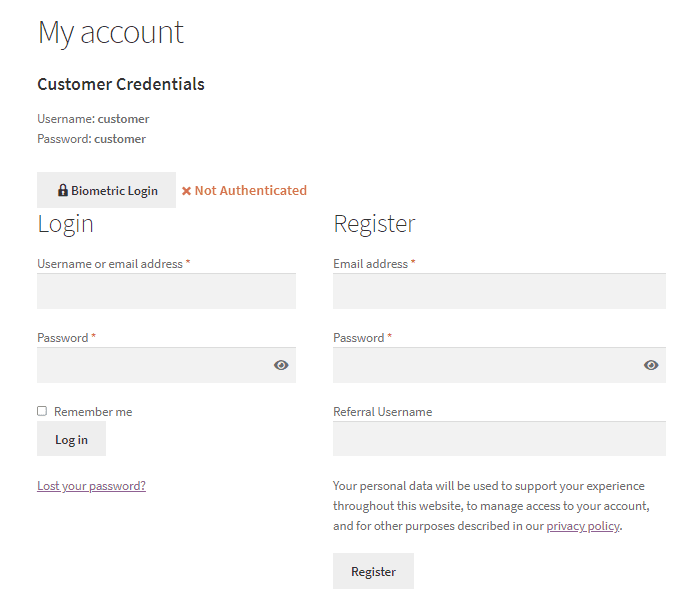 WooCommerce Biometric Login not authenticated