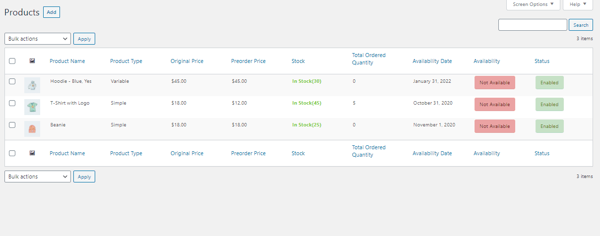 WooCommerce Pre Order - Products list