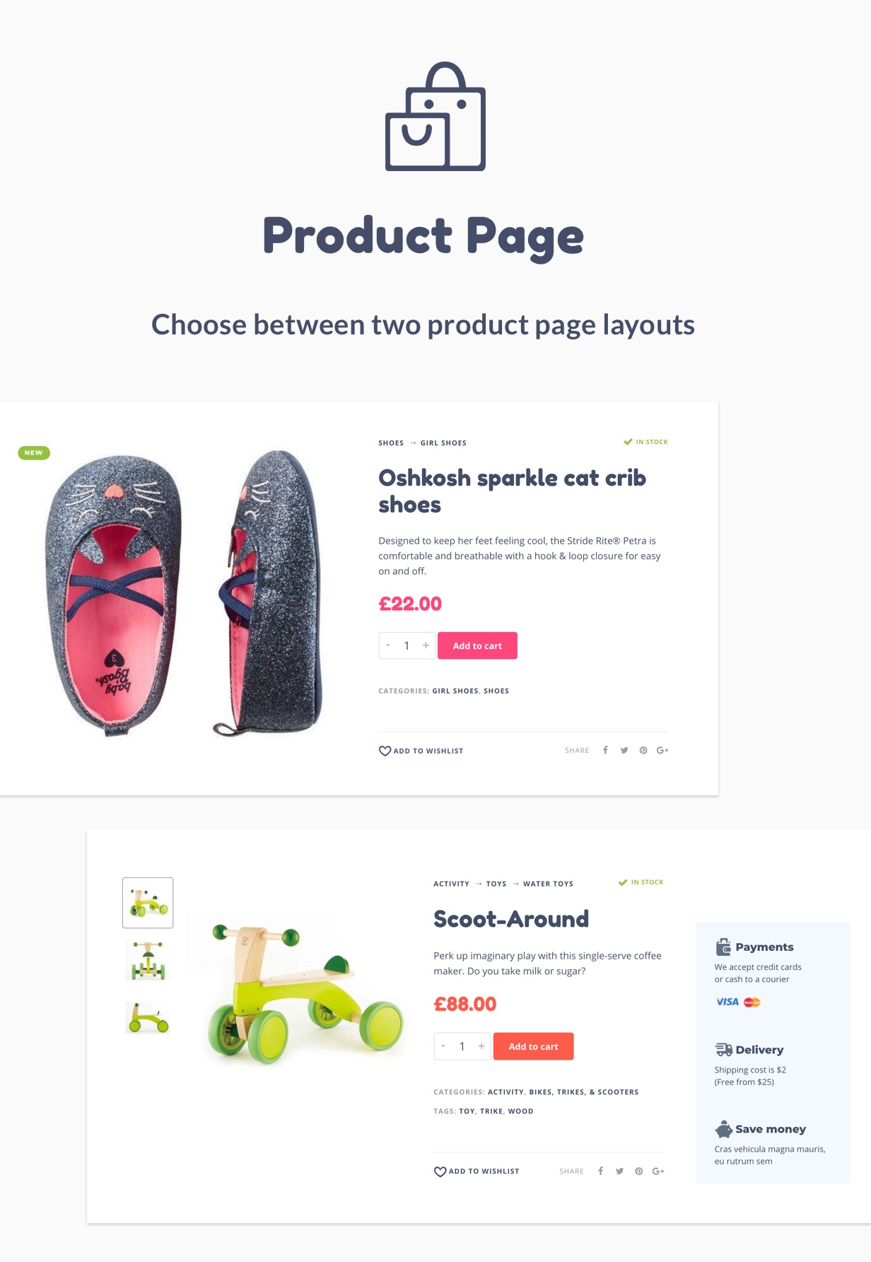 Dos diseños de página de producto