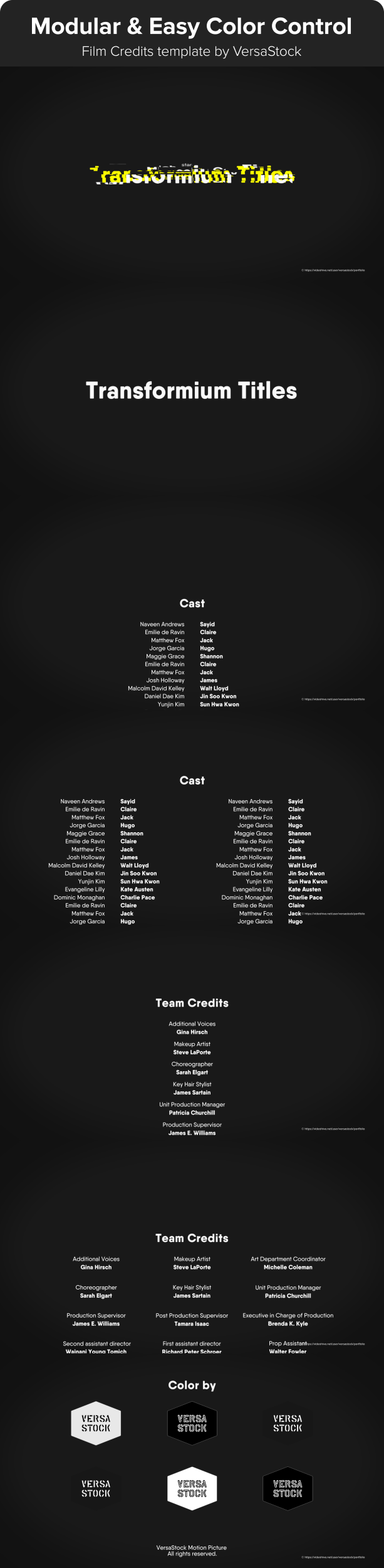 Film Credit template with one column, two column and three column design animated in type transformer style with an optional glitch effect