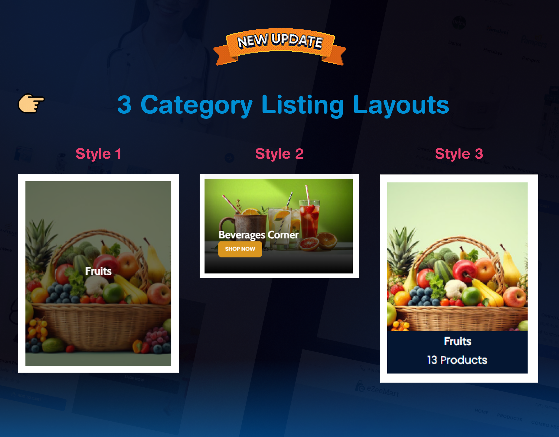 3 categories listing layouts | eShop Plus - Multi Vendor, Multi Store, Multi Currency | eCommerce CMS Website in Laravel & Livewire