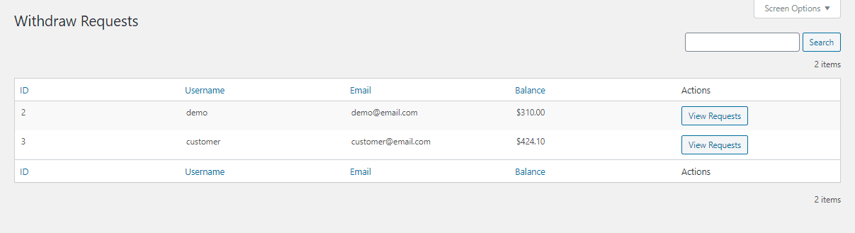 WooCommerce Wallet Management - Withdraw requests submenu