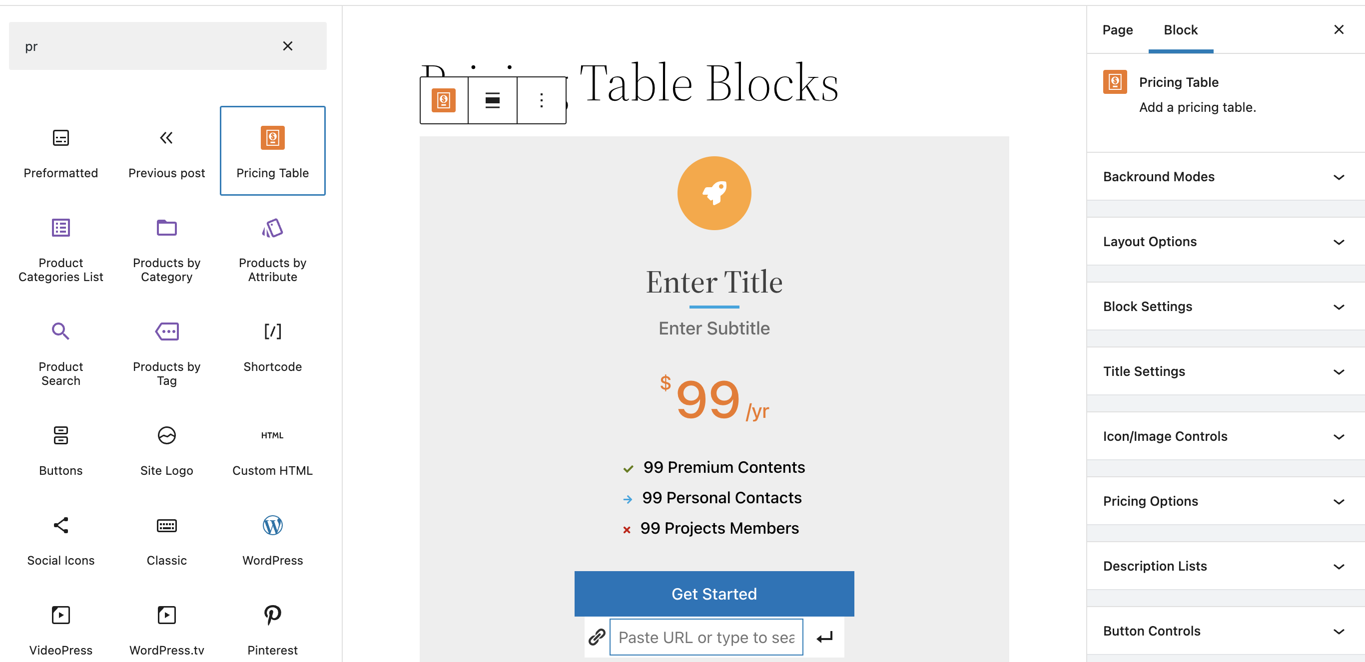 Pricing Table Block - Image Box Controls