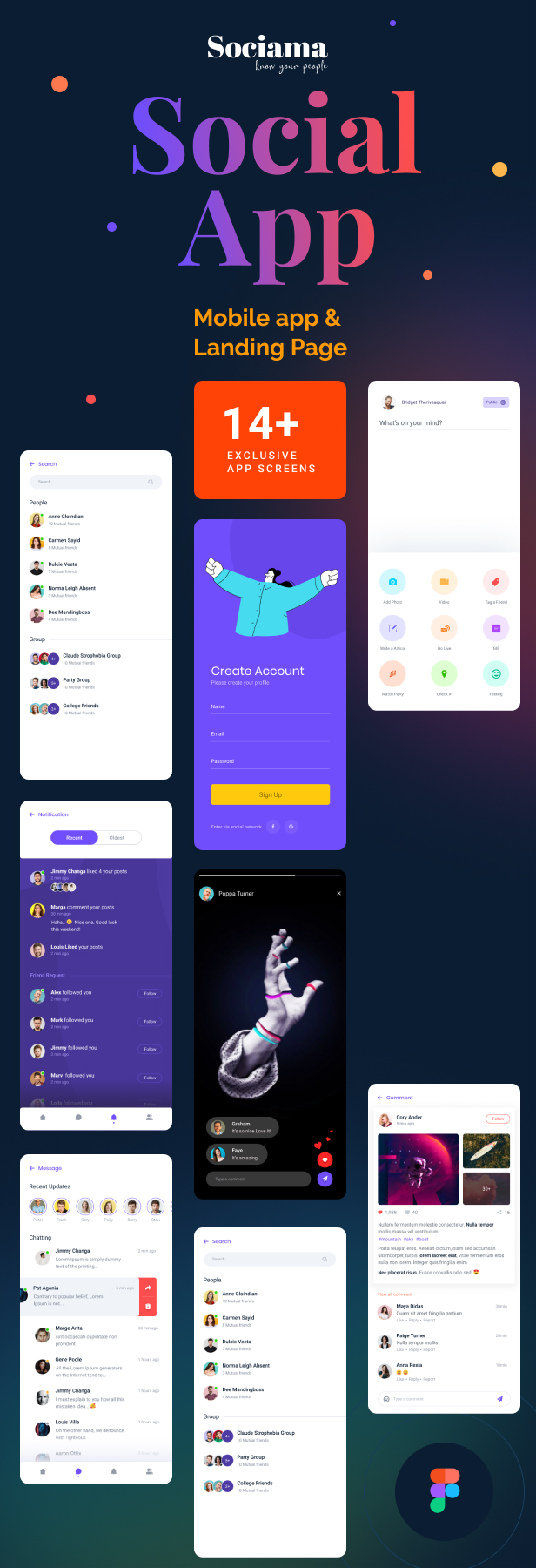 Sociama | Social Media Mobile App and LandingPage Figma Template - 1