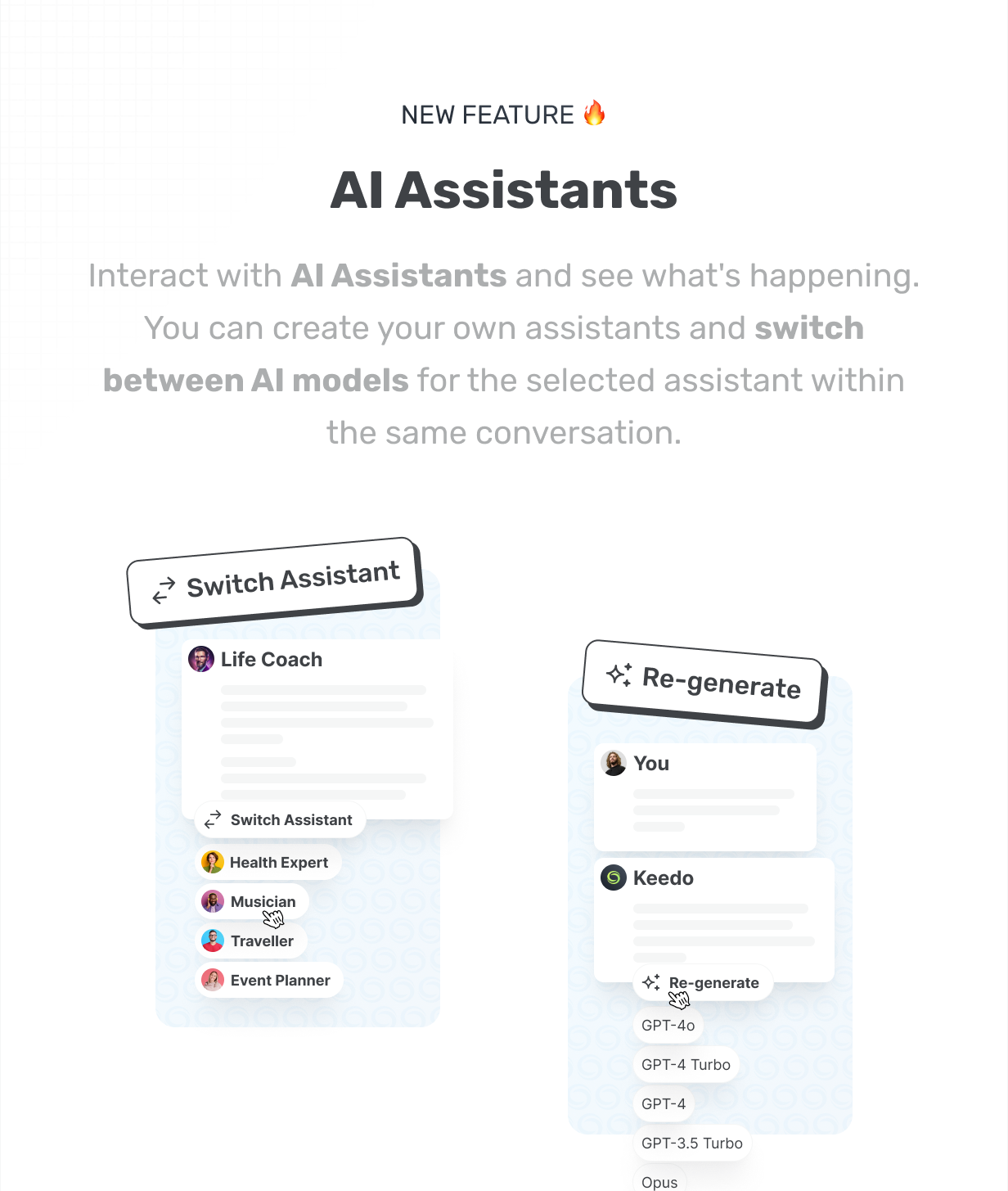 AI Assistants, AI Chtbots, Switch assistant in same conversation, Switch model for same assistant @heyaikeedo #aikeedo
