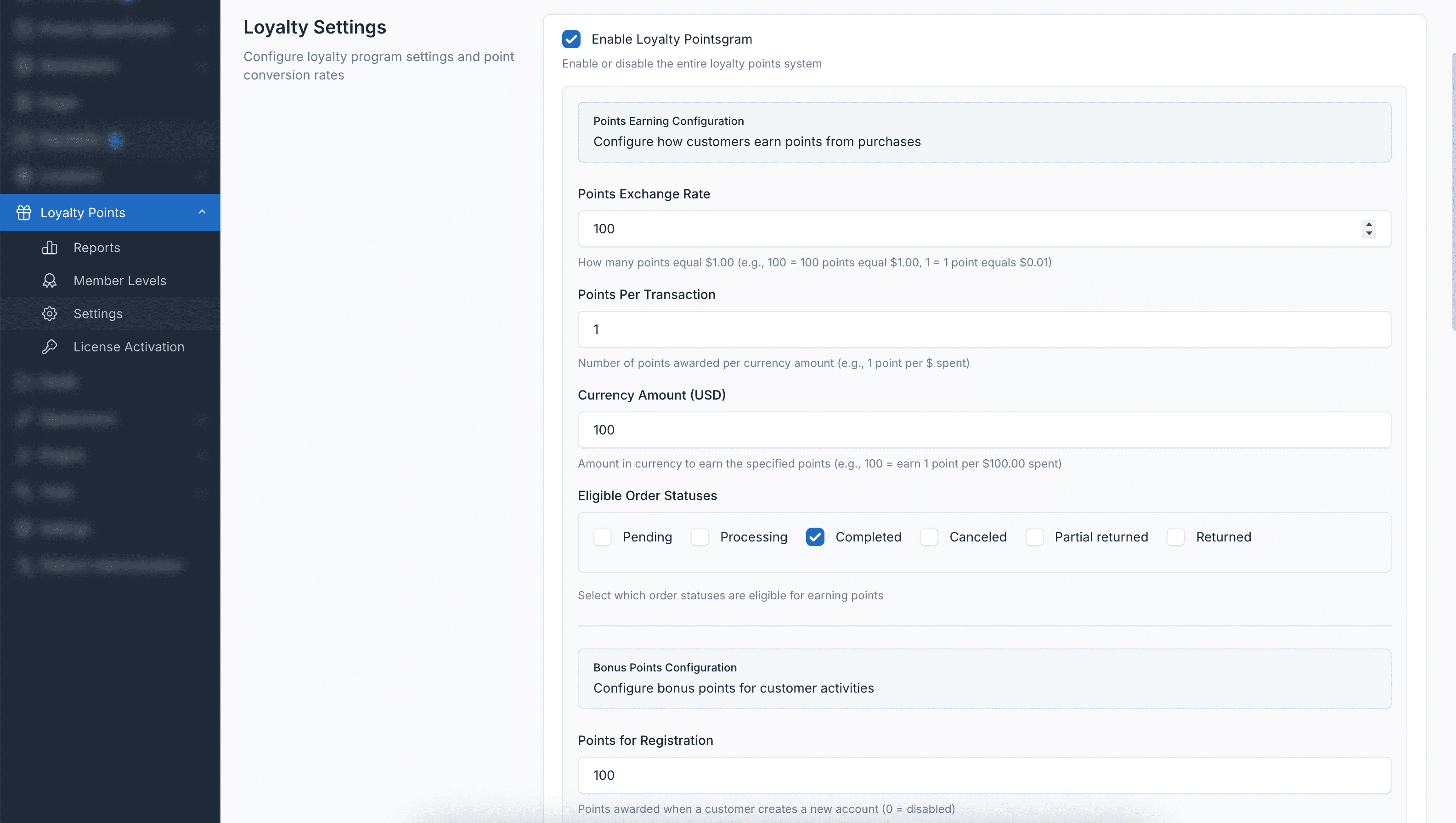 Loyalty Points Settings Page