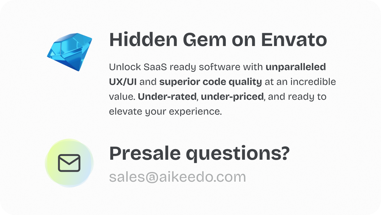 Hidden Gem on Envato - Unlock SaaS ready software with unparalleled UX/UI and superior code quality at an incredible value. Under-rated, under-priced, and ready to elevate your experience. Pre-sale questions @heyaikeedo #aikeedo