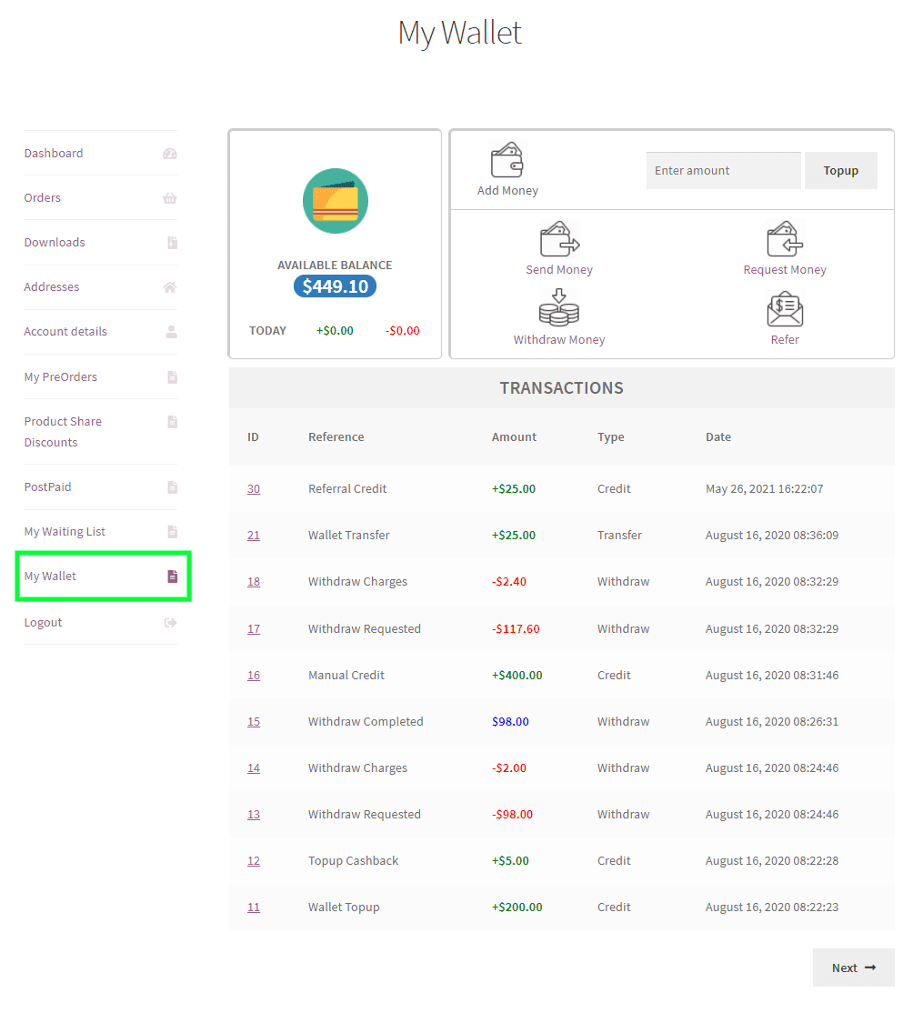 WooCommerce Wallet Management Customer's Menu