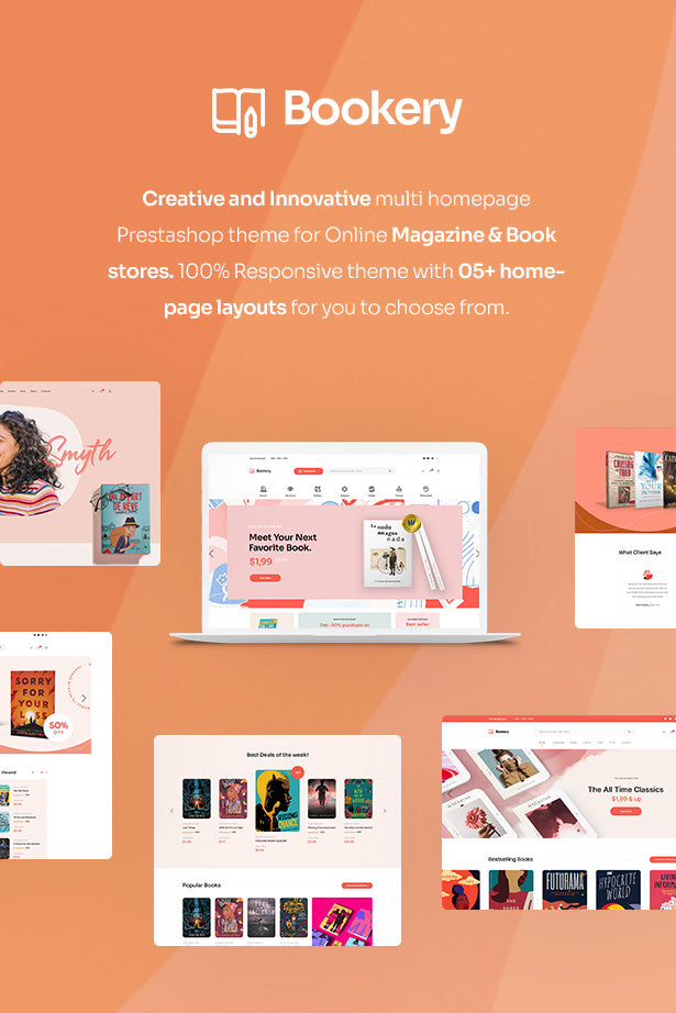 LEO BOOKERY Creative and Innovative multi homepage Prestashop theme for Online Magazine & Book stores. 100% Responsive theme with 05+ homepage layouts for you to choose from.