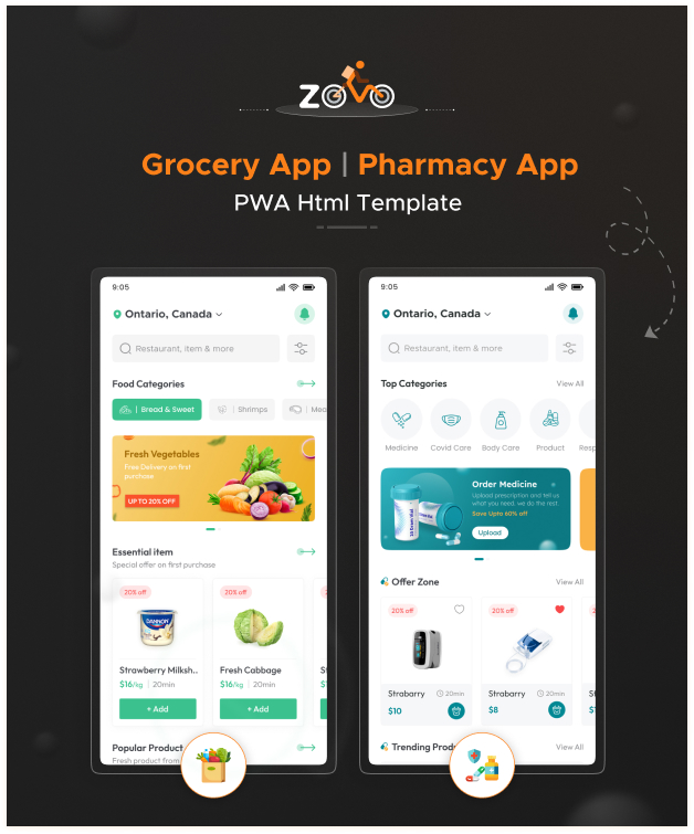Zomo - Online Organic Food Delivery & Grocery Market Mobile PWA Template