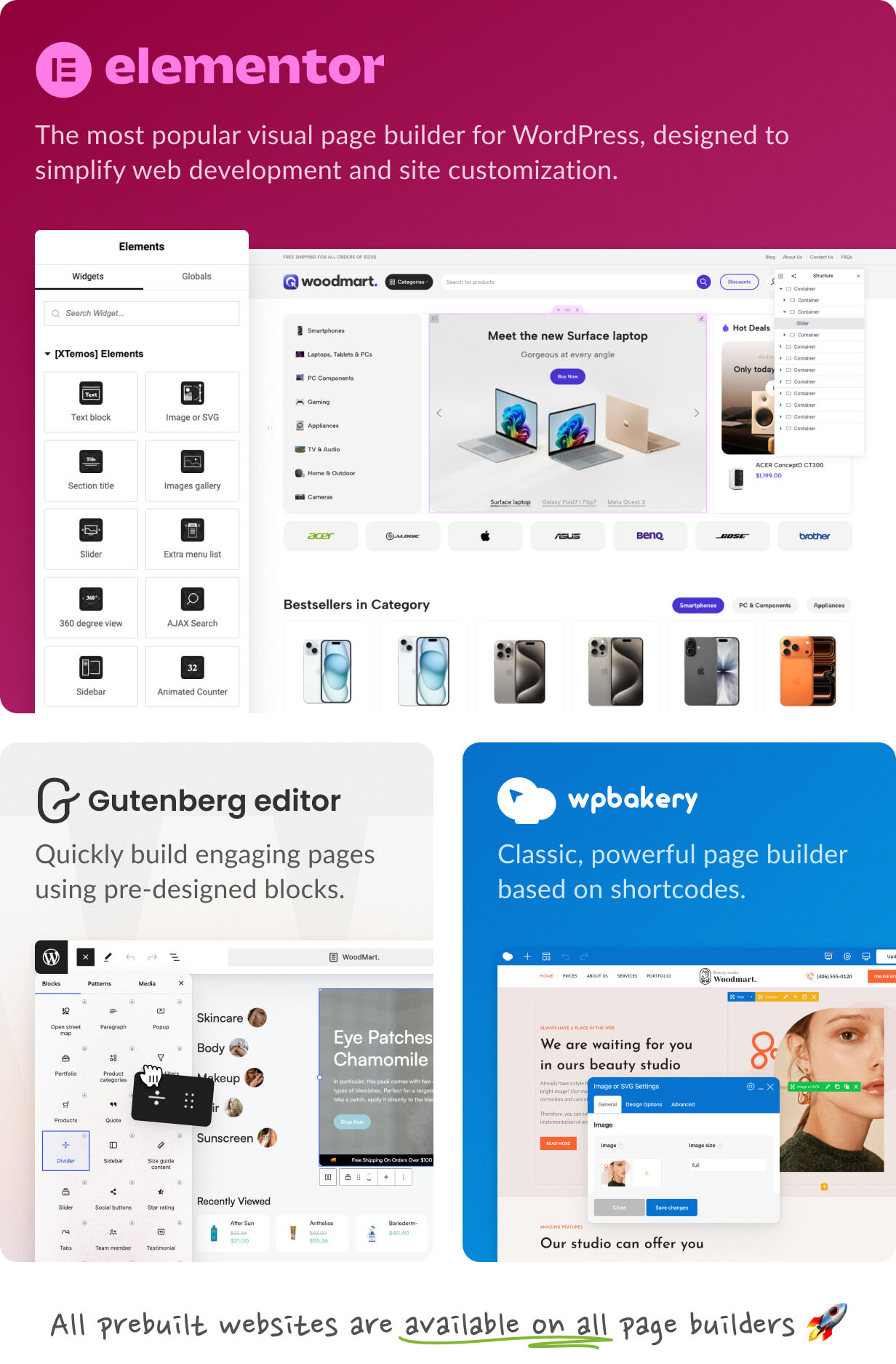 WoodMart is a fast WooCommerce theme with 100+ demos, AJAX shop, SEO optimization, and built-in eCommerce features for WordPress.