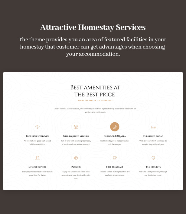 Tema WordPress Ami Homestay Hotel - Clientes impressionantes com instalações em destaque