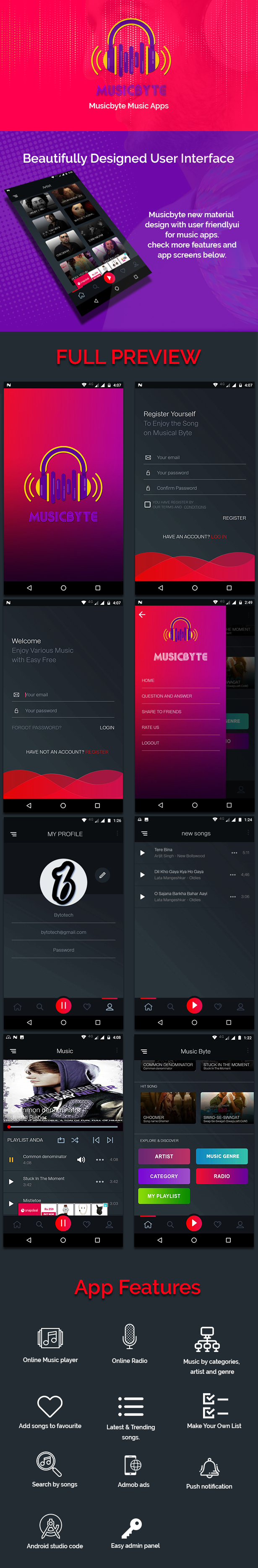 MusicByte (Android) online Mp3 music player application CodingMarket
